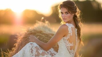 A bridal portrait captures the bride sitting on a stack of hay bales the setting sun creating a warm glow and highlighting her beautiful lace dress photo