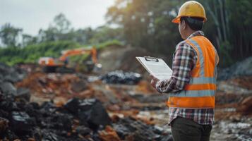 A supervisor is seen holding a clipboard and conducting an inspection of the site ensuring that all safety protocols and guidelines are being followed by the workers photo