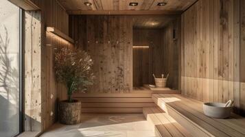 A cozy wooden sauna with a lowheat setting ideal for pets to join in for a rejuvenating sweat session. photo