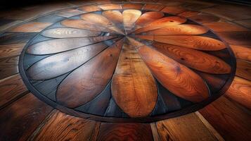 Macro shot of a marquetry hardwood floor featuring a stunning geometric design in varying shades of brown photo