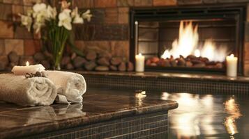 Guests can bask in the warmth of the fireplace while enjoying a relaxing foot soak in the spas cozy foot bath area. 2d flat cartoon photo