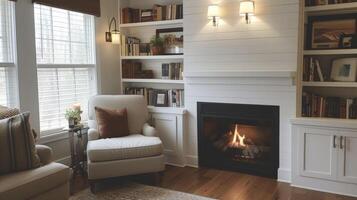 A small underutilized fireplace transformed into a functional and stylish space with a builtin bookshelf surround and a cozy reading nook photo