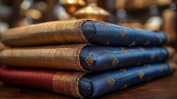 A closeup shot of a fabric swatch d over a table featuring shades of deep burgundy navy blue and gold representing the luxurious and sophisticated color scheme planned fo photo