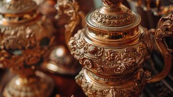 A statement centerpiece of intricately carved samovars traditionally used for heating water and brewing tea photo