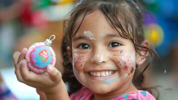 A child proudly showing off their handpainted clay ornament a big smile on their face. photo