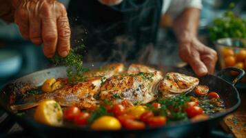 como él tararea a lo largo a un melodía en el radio un mayor hombre asperja un fragante mezcla de hierbas sobre un candente pan de A la parrilla pescado completando su sabroso Mediterráneo plato foto