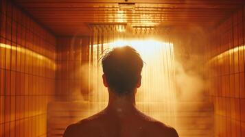 A person standing in front of a cold shower facing the sauna ready to cool off after a hot session. photo