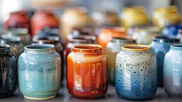 A set of ceramic jars with a gradient effect created by meticulously layering and blending underglaze colors. photo