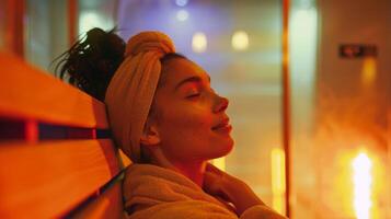 A woman with a peaceful expression on her face enjoying the warmth of the sauna. photo