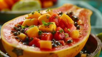 A closeup shot of a juicy and ripe papaya open and filled with a tropical fruit salad photo