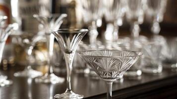 A stylish set of etched glassware including coupes highballs and martini glasses photo