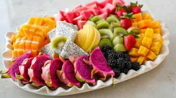 A tropical fruit platter showcasing a variety of exotic fruits such as dragon fruit star fruit and guava photo