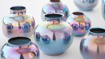 A series of ceramic vases with a unique iridescent finish shimmering and changing colors depending on the angle and light. photo