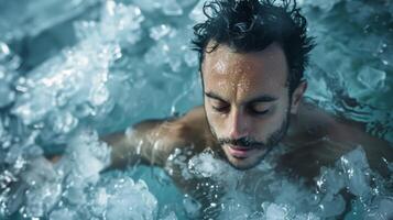 un hombre inmersiones dentro un hielo bañera su cuerpo sumergido en congelación agua arriba a su cuello su expresión determinado y enfocado foto