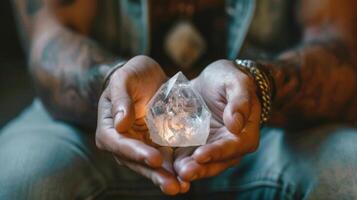 A closeup of a mans hands gently holding a small crystal as he visualizes his intentions and uses it for manifestation photo