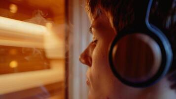 un de cerca de un personas oído con un auricular en mientras ellos sentar en el sauna y escucha a un guiado meditación audio a ayuda ellos desestresarse y relajarse. foto