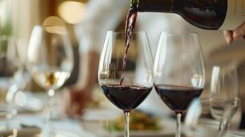 A sommelier pouring a sommelier pouring a deep red wine into crystal glasses complementing the meal photo