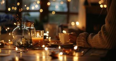 A warm and cozy atmosphere with candles and string lights adding to the ambiance as participants work on their projects with glasses of hot apple cider or ed chai tea photo