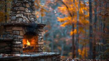 The stone fireplace glows against the backdrop of a lush forest inviting you to sit and relax with a good book. 2d flat cartoon photo