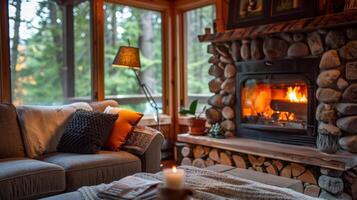 The rustic cabin fireplace invites you to cozy up on the comfortable couch with magnificent forest views peeking through the windows. 2d flat cartoon photo