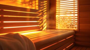 un acogedor infrarrojo sauna con suave Encendiendo Perfecto para golpeando el invierno blues. foto