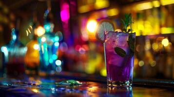 Through the dimly lit room the vibrant colors of the mocktails shine adding to the festive and dynamic atmosphere photo