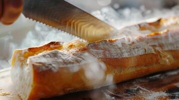 A golden crusty baguette being sliced with a sharp knife steam still rising from its freshly baked interior photo