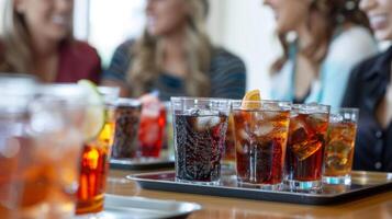 A group of individuals engaged in lively conversation as they compare and contrast the various sodas on their trays photo