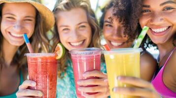 A group of happy and healthy guests holding their freshly blended detox smoothies ready to sip and enjoy the partys refreshing and nourishing treats photo