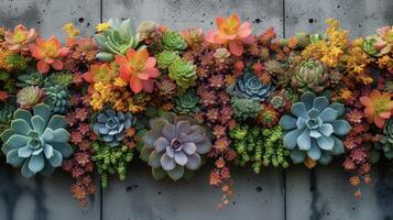 transformar un llanura hormigón pared dentro un trabajo de Arte con un maravilloso formación de suculentas y cactus en un único vertical jardín característica foto