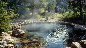 A peaceful outdoor hot spring with steam rising from the mineralrich waters photo