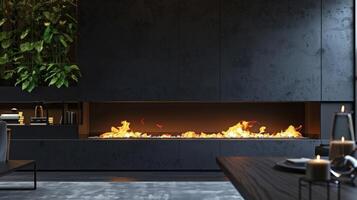 A contemporary fireplace design with a unique twist builtin bookshelves that seamlessly blend into the sleek black metal frame of the fireplace. The flames dance against 2d flat cartoon photo