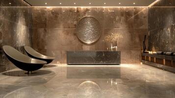 A sophisticated ceramic installation in a metallic glaze adding an elegant touch to a luxury hotel lobby. photo