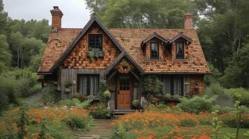 Beautifully weathered cedar shingles adding a charming and rustic feel to the roof of this countryside cottage photo