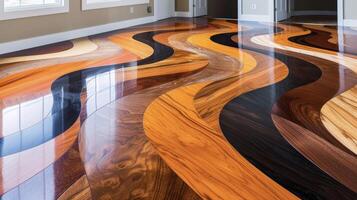 A DIY hardwood floor installation featuring grain patterns and hues specifically chosen to create a bold abstract design photo