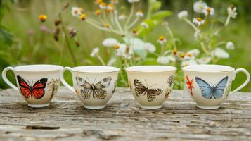 un conjunto de tazas de té presentando bajo vidriado ilustraciones de diferente tipos de mariposas y su hábitat. foto