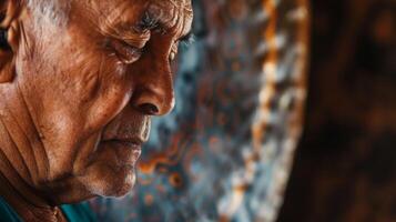 A close up of a mans face his forehead wrinkled as he concentrates on the vibrations and sounds created by a gong during a sound healing session photo