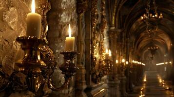 Within a fairy tale castle alcoves carved into the elaborate walls hold ornate candles adding a magical and enchanting atmosphere to the royal chambers. 2d flat cartoon photo