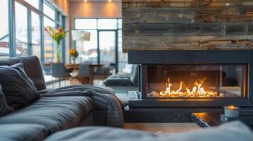 A traditional woodburning fireplace brings a rustic charm to the modern penthouse with a cozy seating area arranged in front for intimate gatherings. 2d flat cartoon photo