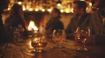 en un tenuemente iluminado bar un grupo de colegas sentar alrededor un hogar que se discute su último proyectos y metas terminado lentes de whisky. 2d plano dibujos animados foto