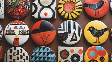 A collage of ceramic coasters with various designs including geometric shapes abstract patterns and e animals. photo