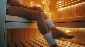 un persona utilizando un linfático drenaje masaje herramienta en su brazos como ellos sentar en el sauna. foto