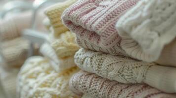 A display of handknitted designer baby clothes featuring soft and delicate yarns suitable for a newborns delicate skin photo