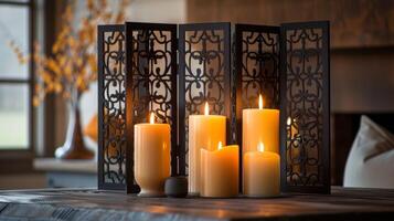 The Ornamental Candle Screens black metal frame contrasts beautifully against the warm tones of the candles. 2d flat cartoon photo