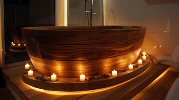 A custombuilt wooden tub perched atop a small platform is illuminated by a series of candles p along the edges. The warm light creates a glow that highlights the natural 2d flat cartoon photo