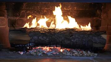 A single log burns brightly in the fireplace creating a mesmerizing display of flames. 2d flat cartoon photo