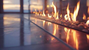 el reflexivo hogar rodear hermosamente refleja el parpadeando llamas creando un sentido de tranquilidad y relajación. 2d plano dibujos animados foto