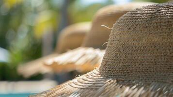 Dom sombreros y sombrillas son disponible para invitados a utilizar como ellos relajarse y sorbo en su tropical tés en el calentar tropical Dom foto