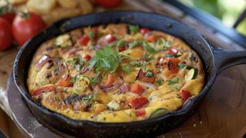 A grilled vegetable frittata packed with colorful peppers onions and zucchini all cooked on the grill for a deliciously charred and caramelized flavor. Paired with a sid photo