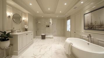 The bathroom is transformed with a unique design of curved ceiling panels paired with bright white crown molding making the small space feel grand and luxurious photo